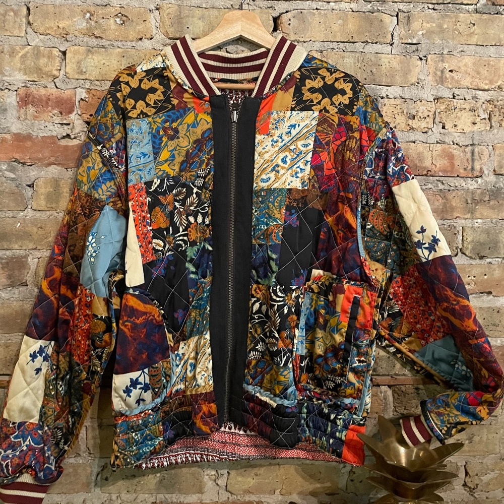stunning scarf print reversible bomber jacket from free people